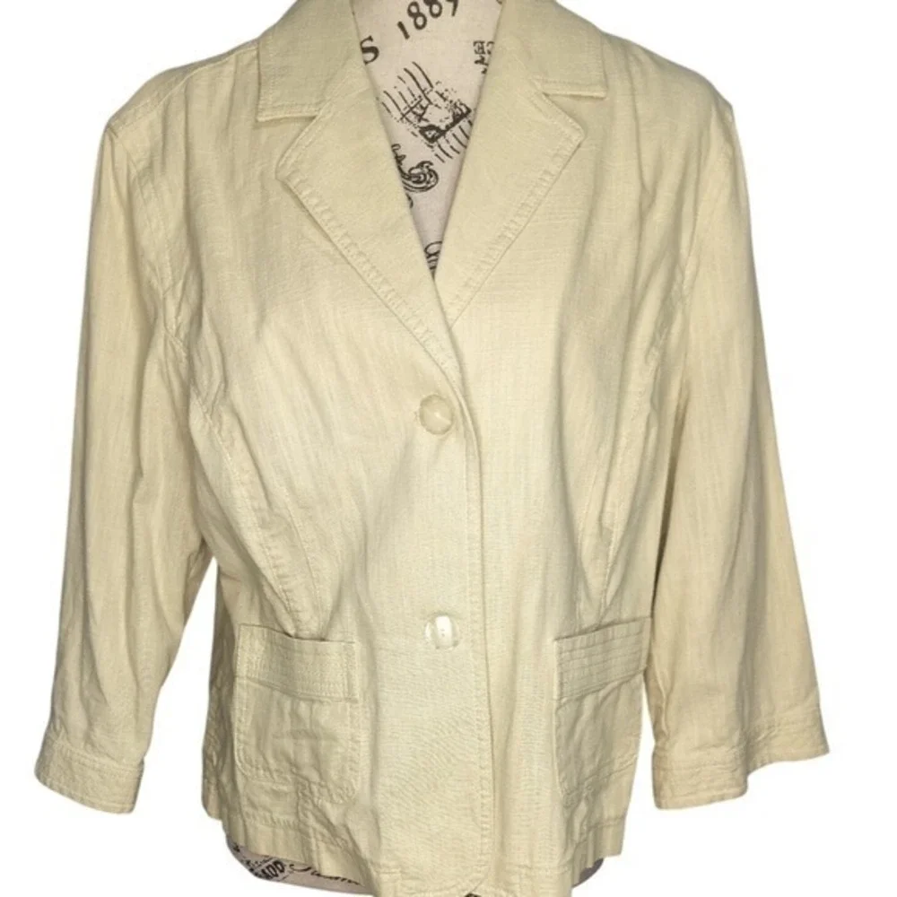 J. Jill beige/yellow 100%‎ Cotton 3/4 Sleeve Floral Trim Jacket Womens 14 Petite